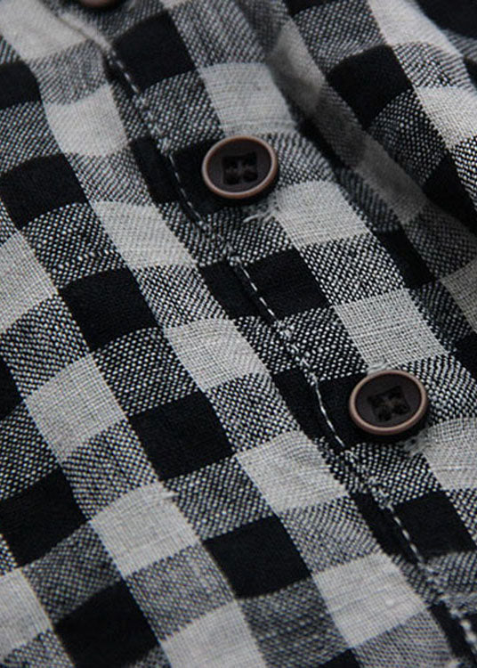 Fitted Large Lattice V Neck Button Loose Linen Shirt Spring