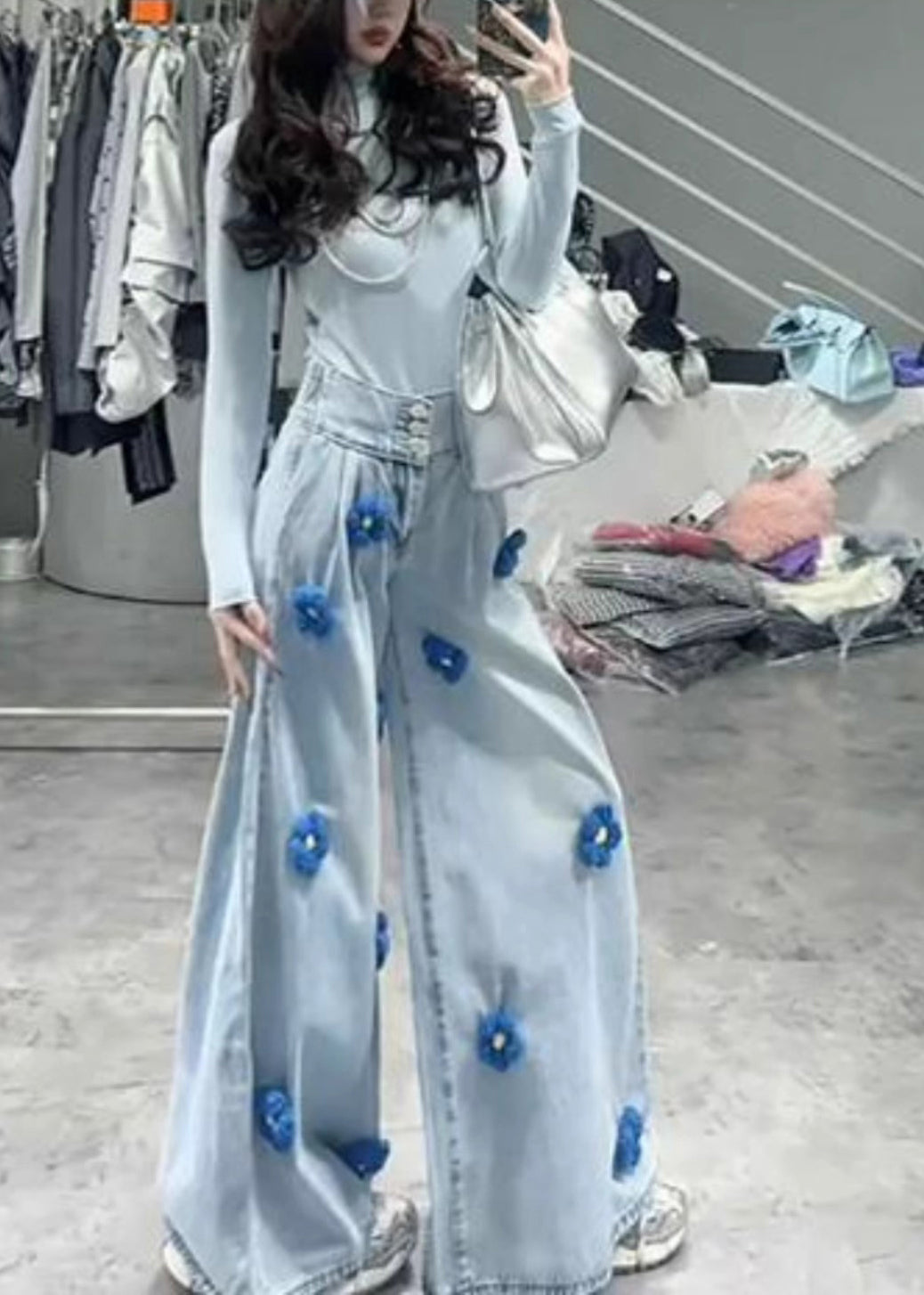 Fitted Light Blue Oversized Denim Wide Leg Pants Fall