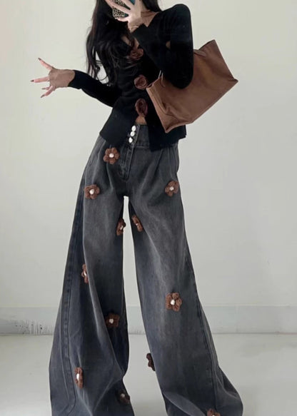 Fitted Light Blue Oversized Denim Wide Leg Pants Fall