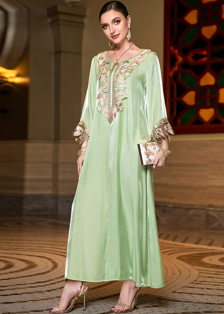 Fitted Light Green O-neck Embroideried Lace Patchwork Silk Long Dress Fall