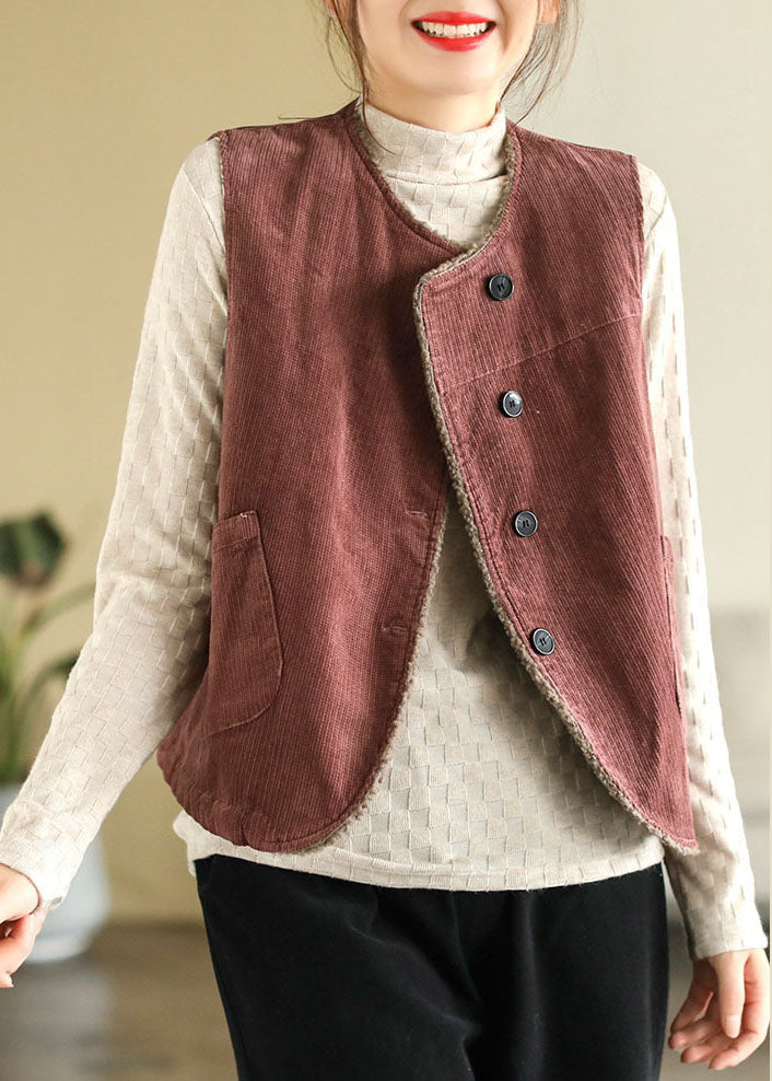 Fitted Mulberry O-neck Fuzzy Wool Lined Thick Corduroy Vest Tops Winter