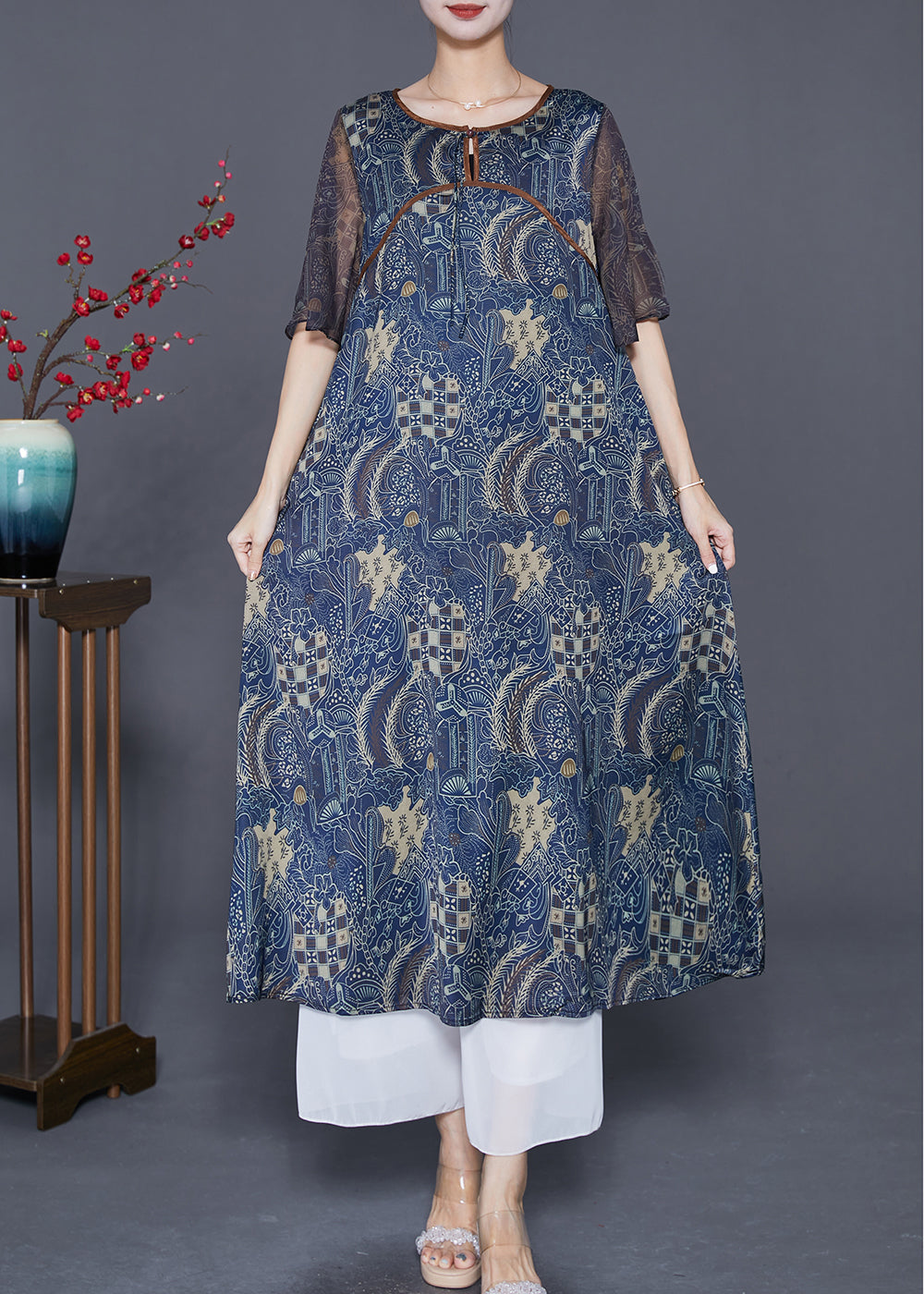 Fitted Navy O-neck Patchwork Print Silk Dresses Cloak Sleeves