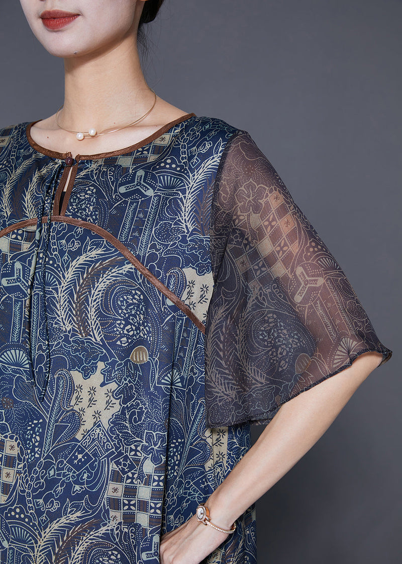 Fitted Navy O-neck Patchwork Print Silk Dresses Cloak Sleeves