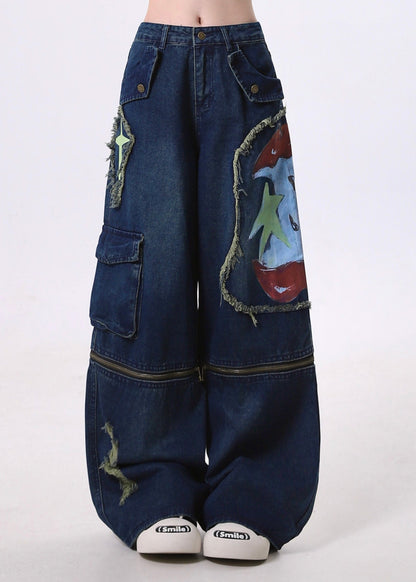 Fitted Navy Patchwork Wear on Both Sides Denim Ripped Pants Spring