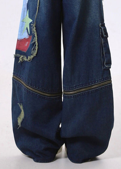 Fitted Navy Patchwork Wear on Both Sides Denim Ripped Pants Spring
