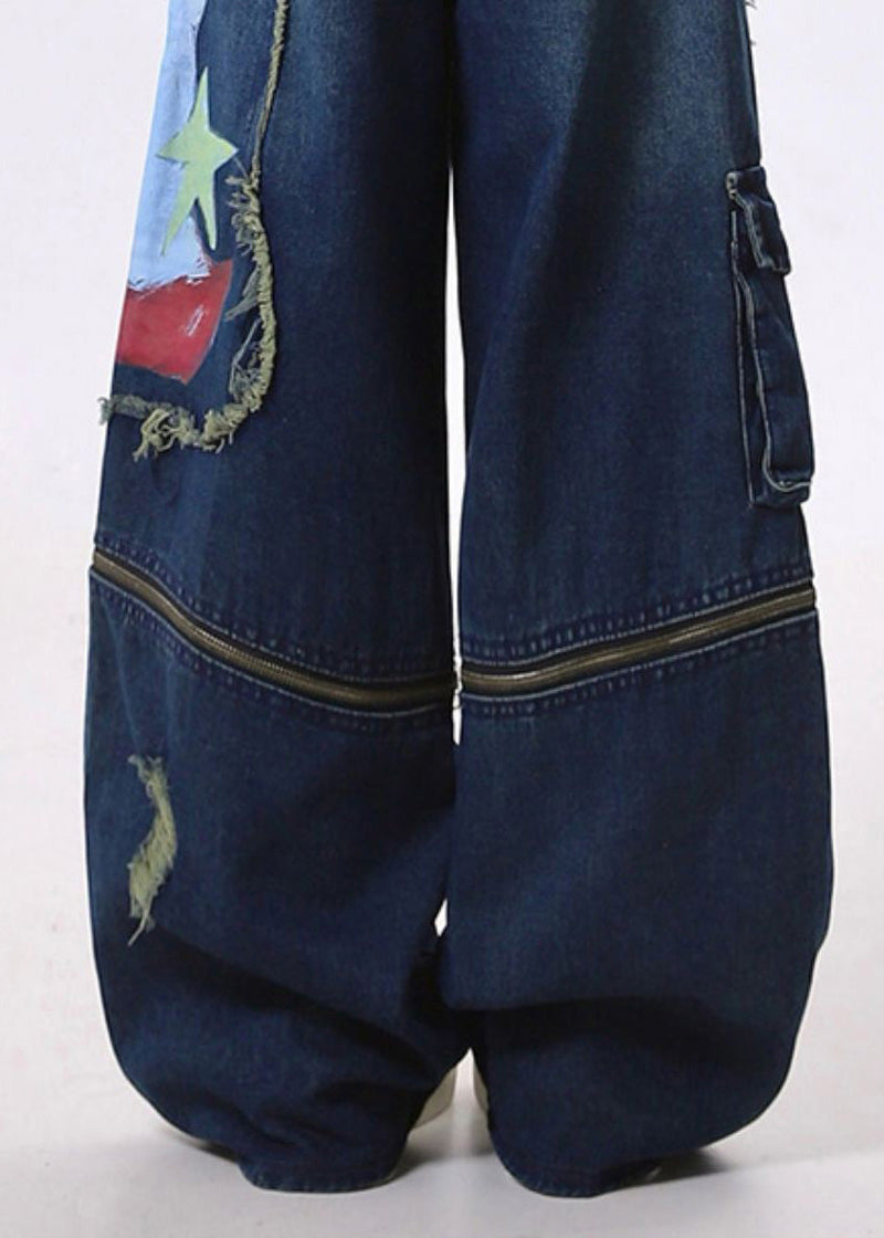 Fitted Navy Patchwork Wear on Both Sides Denim Ripped Pants Spring