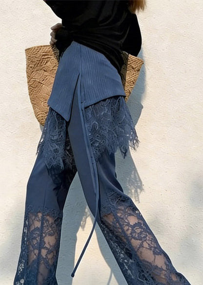 Fitted Navy Straight Pants Lace Patchwork Summer