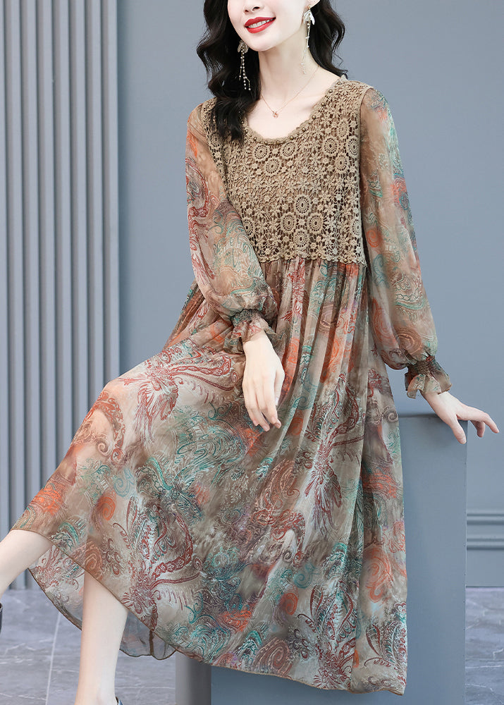 Fitted O-neck Print Lace Patchwork Chiffon Party Dress Lantern Sleeve