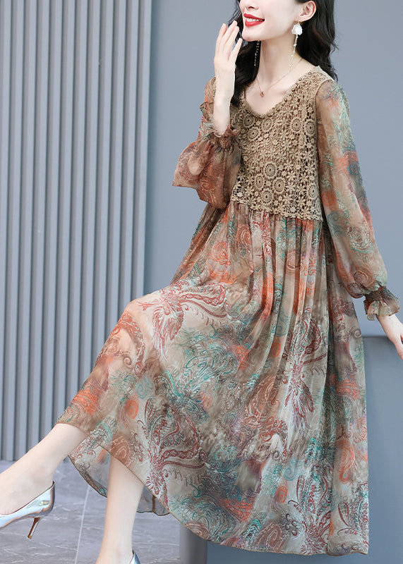 Fitted O-neck Print Lace Patchwork Chiffon Party Dress Lantern Sleeve