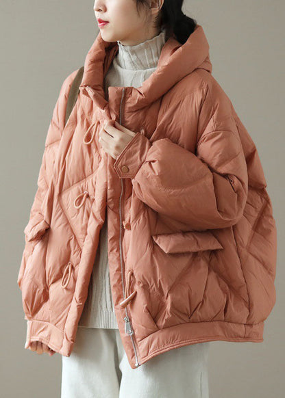 Fitted Orange Hooded Zippered Pockets Winter Down Coats Long Sleeve