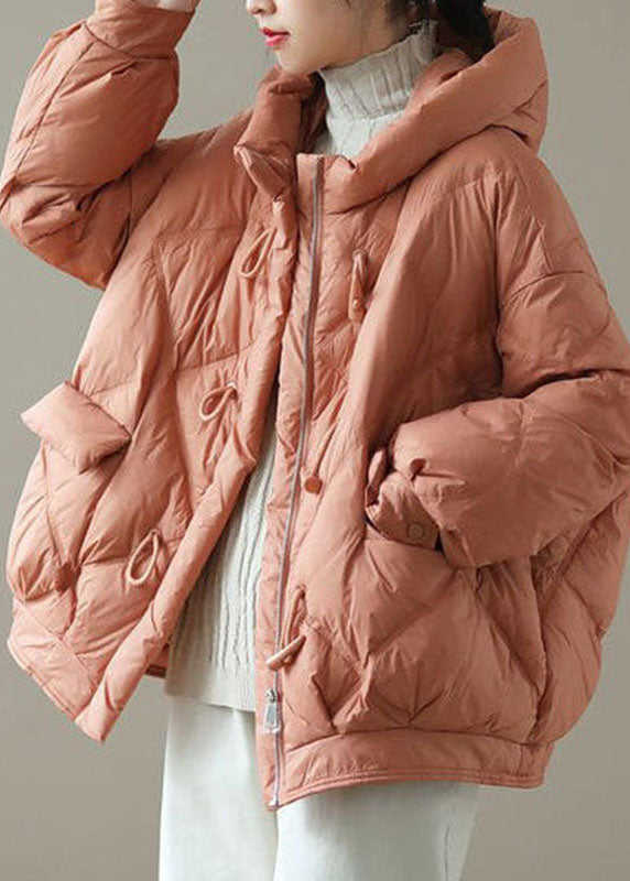 Fitted Orange Hooded Zippered Pockets Winter Down Coats Long Sleeve