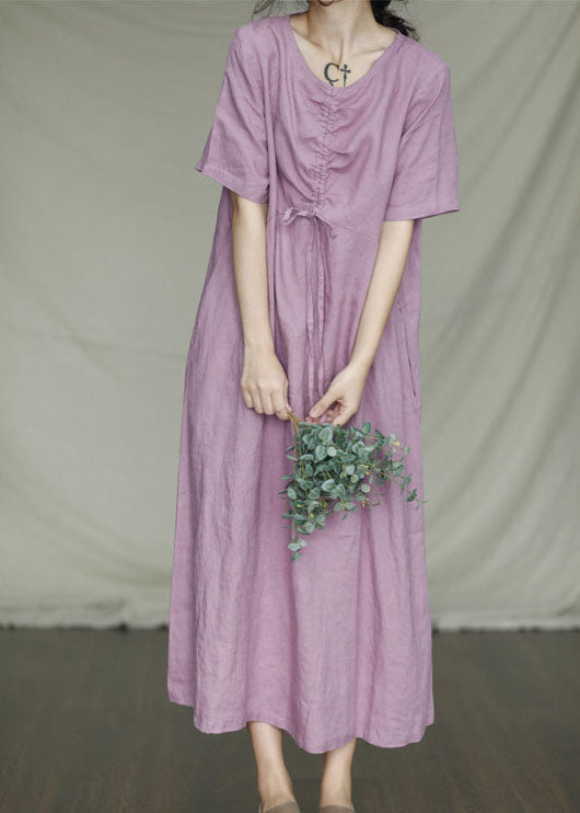 Fitted Orange O-neck Drawstring Linen Dresses Short Sleeve