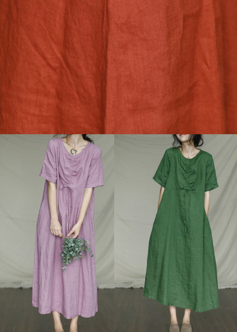 Fitted Orange O-neck Drawstring Linen Dresses Short Sleeve