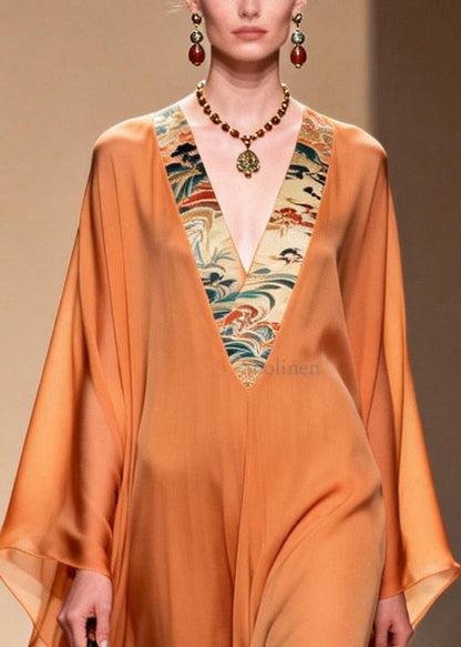 Fitted Orange V Neck Patchwork Chiffon Holiday Dresses Summer
