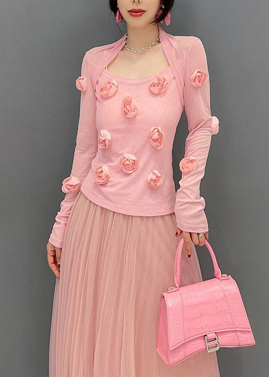 Fitted Pink Patchwork Tulle Tops Long Sleeve