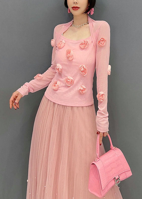Fitted Pink Patchwork Tulle Tops Long Sleeve