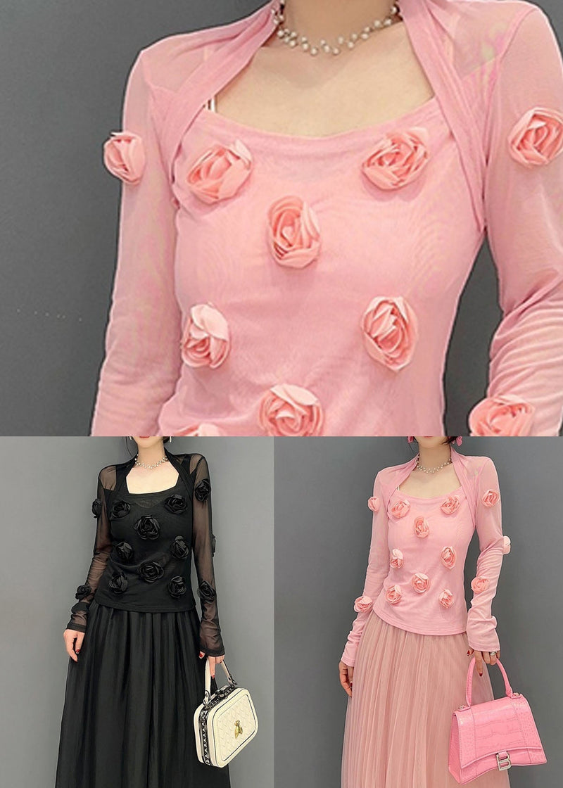 Fitted Pink Patchwork Tulle Tops Long Sleeve