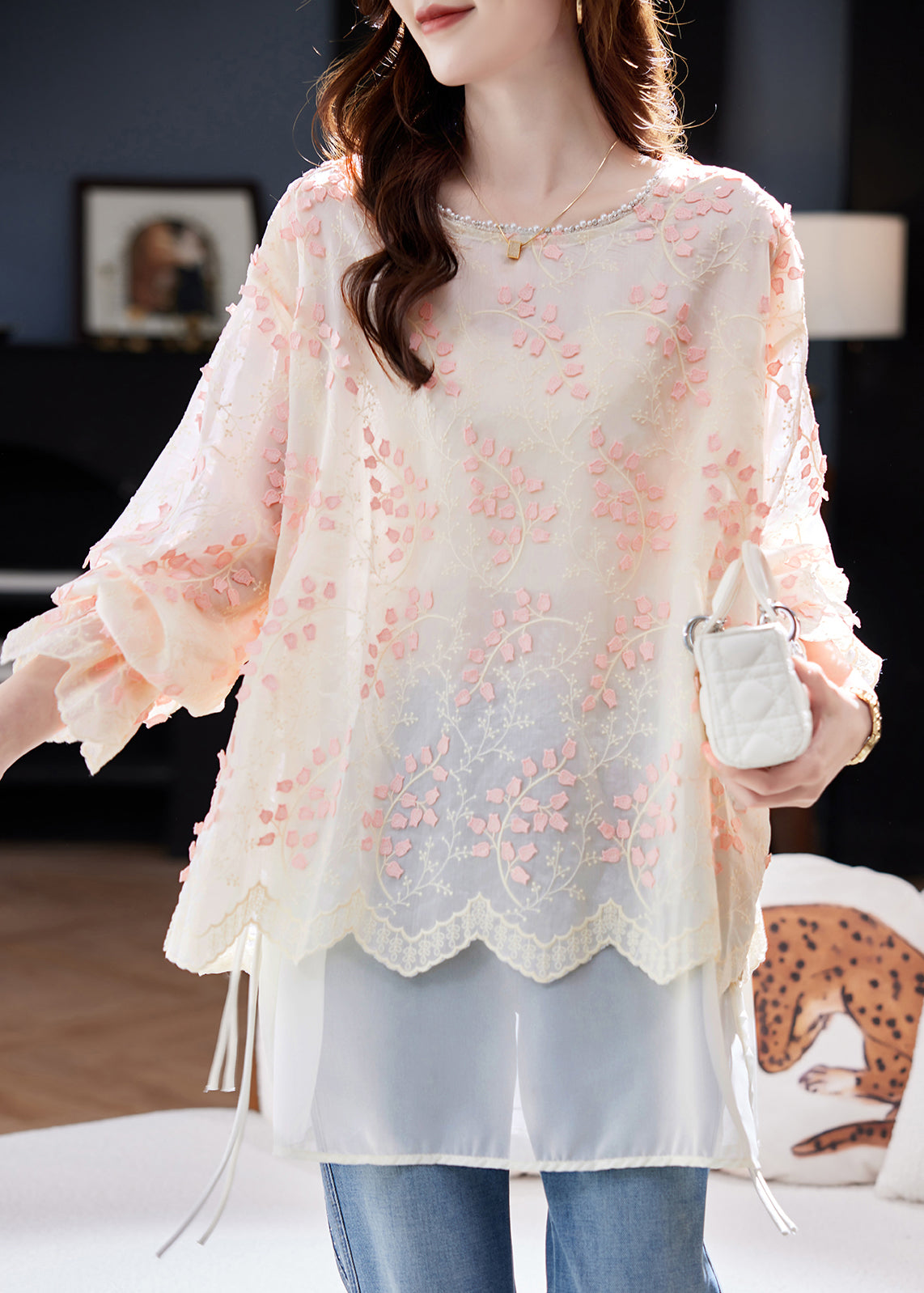 Fitted Pink O Neck Embroidered Patchwork Chiffon Tops Spring