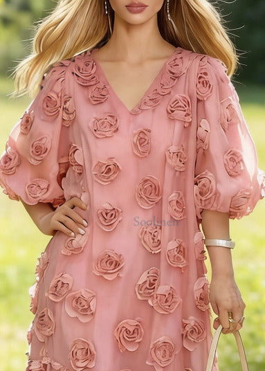 Fitted Pink Oversized Decorated Tulle Party Dresses Summer