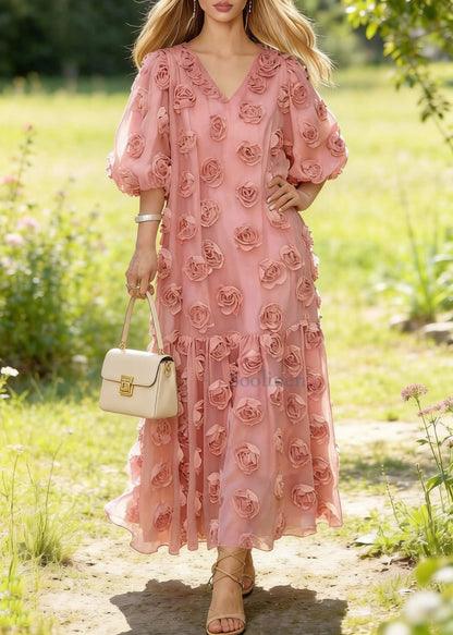Fitted Pink Oversized Decorated Tulle Party Dresses Summer