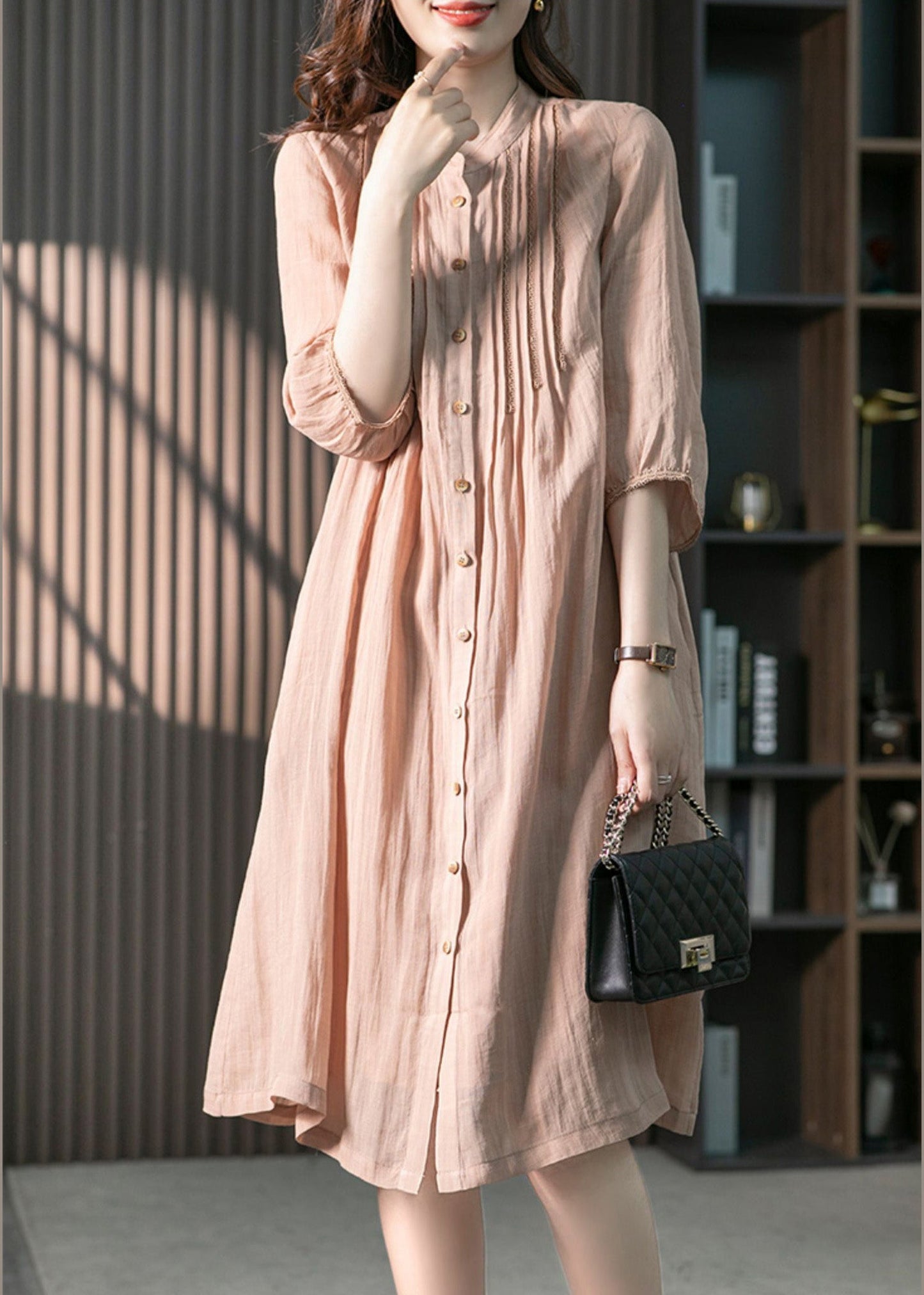Fitted Pink Stand Collar Button Linen Maxi Dresses Spring