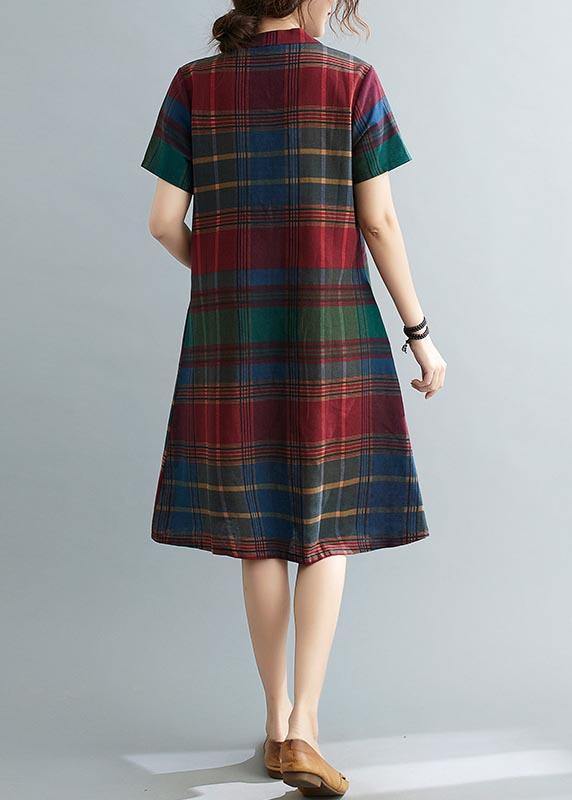 Fitted Plaid Oriental Cotton Linen Summer Dress