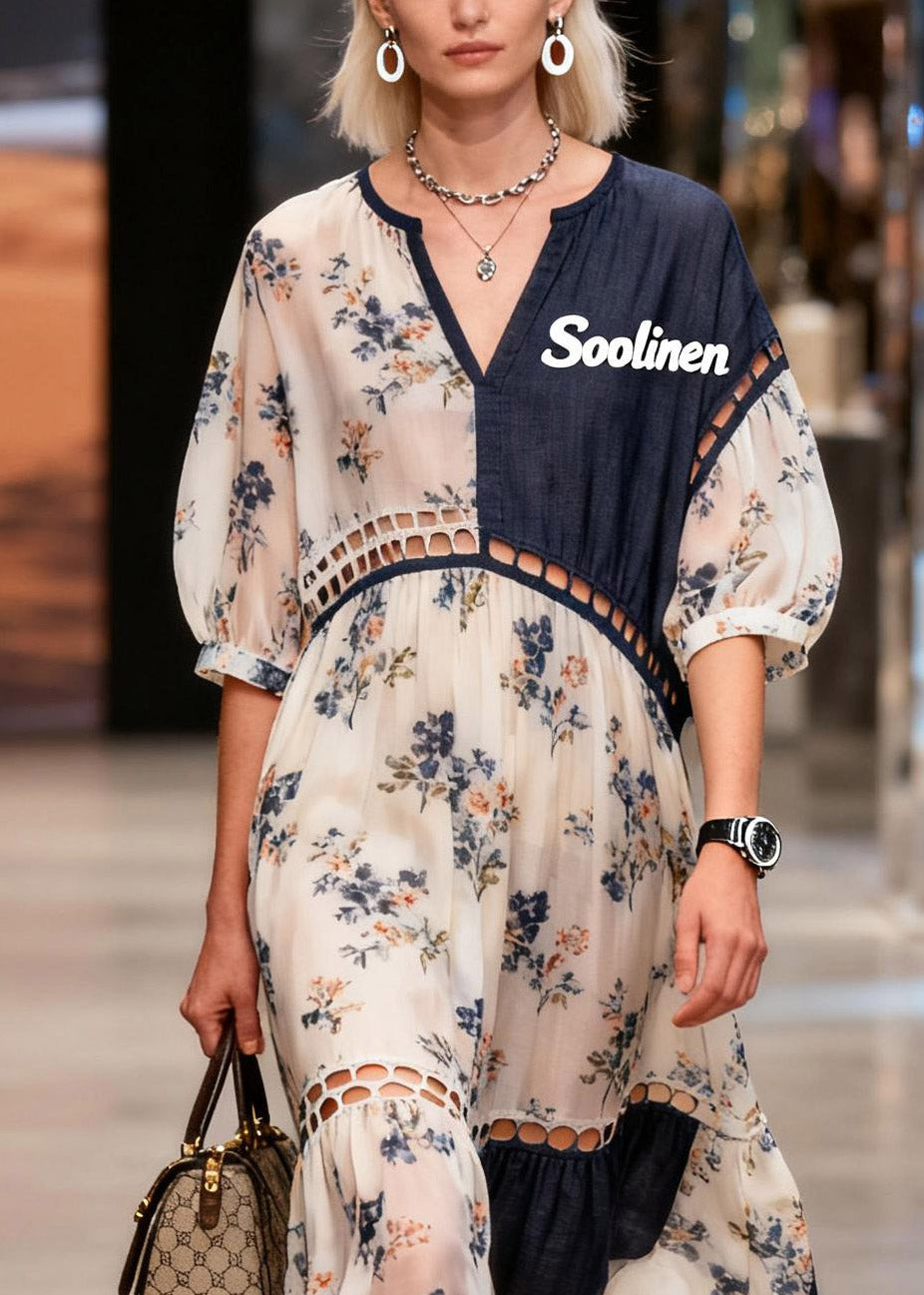 Fitted Print Patchwork Hollow Out Maxi Dress Summer