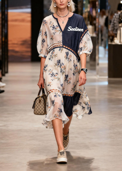 Fitted Print Patchwork Hollow Out Maxi Dress Summer