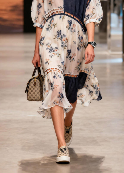 Fitted Print Patchwork Hollow Out Maxi Dress Summer