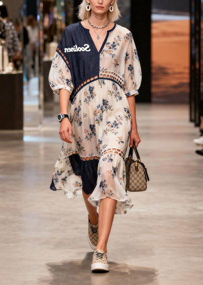 Fitted Print Patchwork Hollow Out Maxi Dress Summer