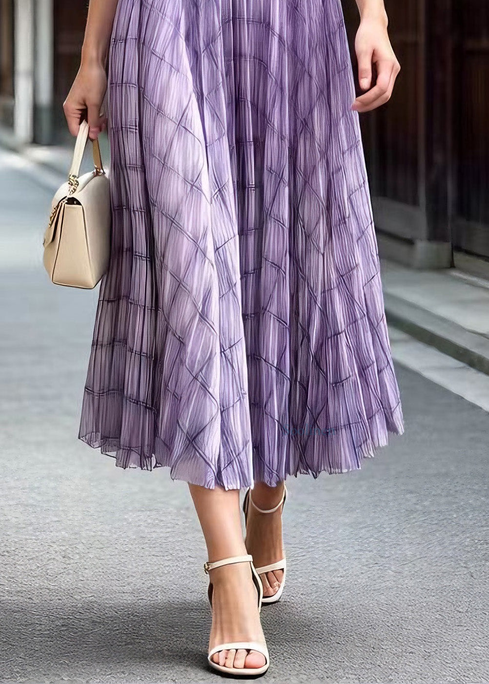 Fitted Purple Plaid Wrinkled Tulle Skirts Summer