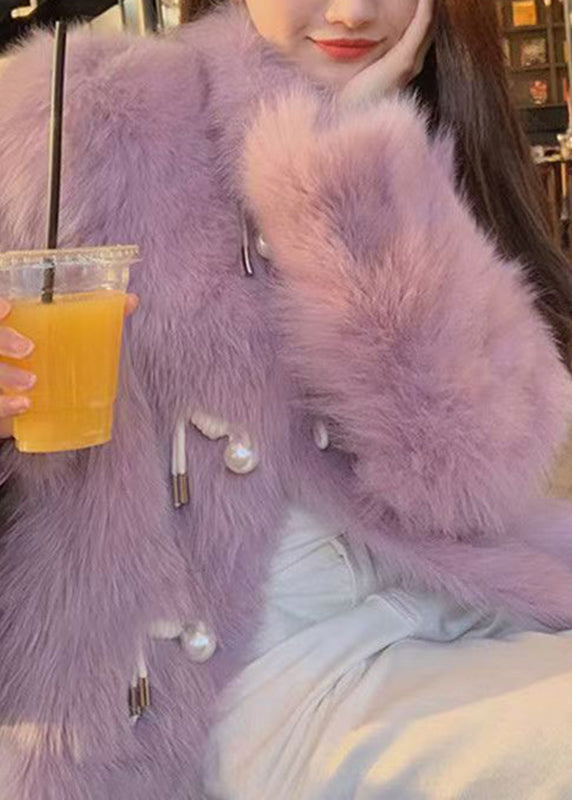 Fitted Purple Stand Collar Button Leather and Fur Coats Spring
