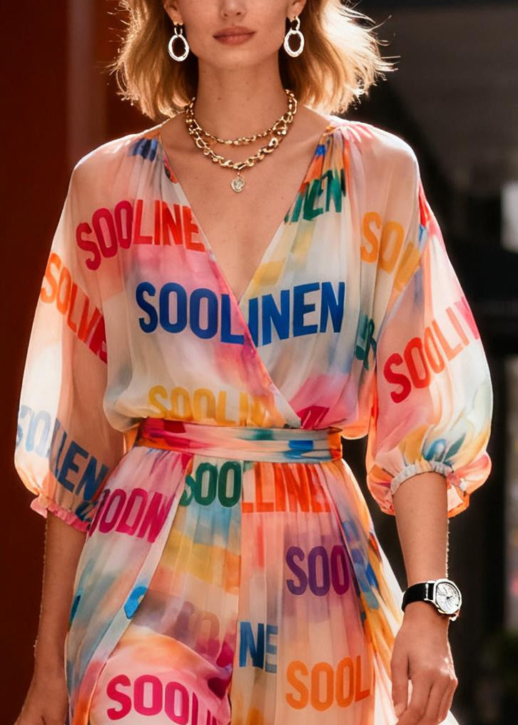 Fitted Rainbow V Neck Print Chiffon Ankle Dress Summer