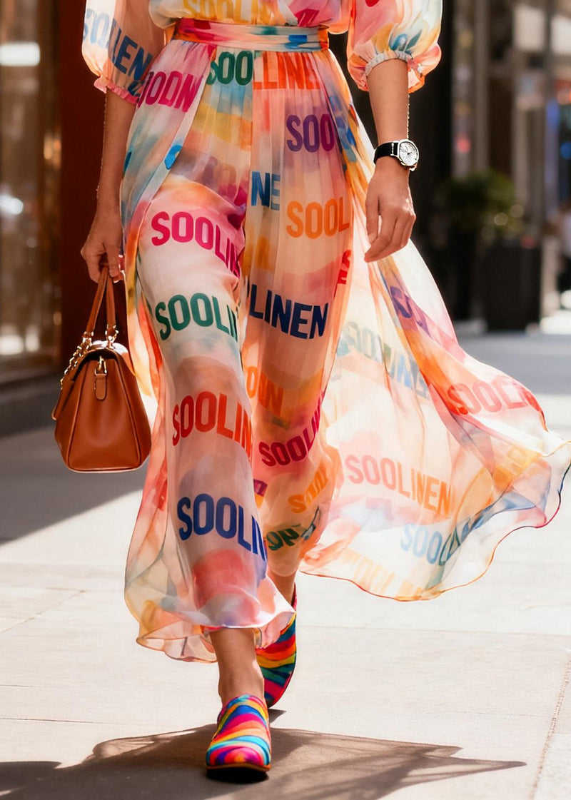 Fitted Rainbow V Neck Print Chiffon Ankle Dress Summer