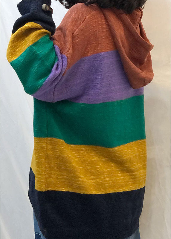 Fitted Rainbow Hooded Drawstring Striped Fall Knit Sweaters