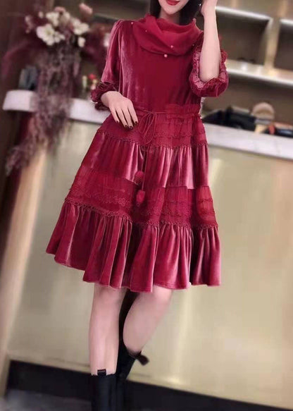 Fitted Red ?cinched Patchwork Velour Party Dress Spring