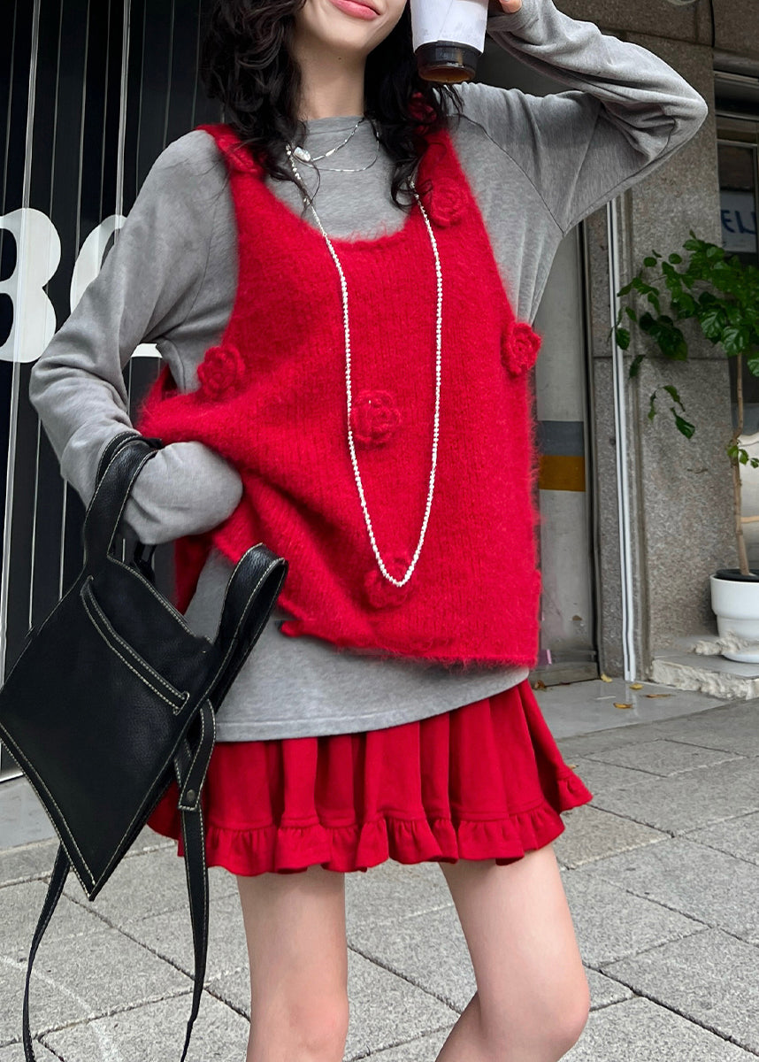 Fitted Red Decorated Knit Vests Winter