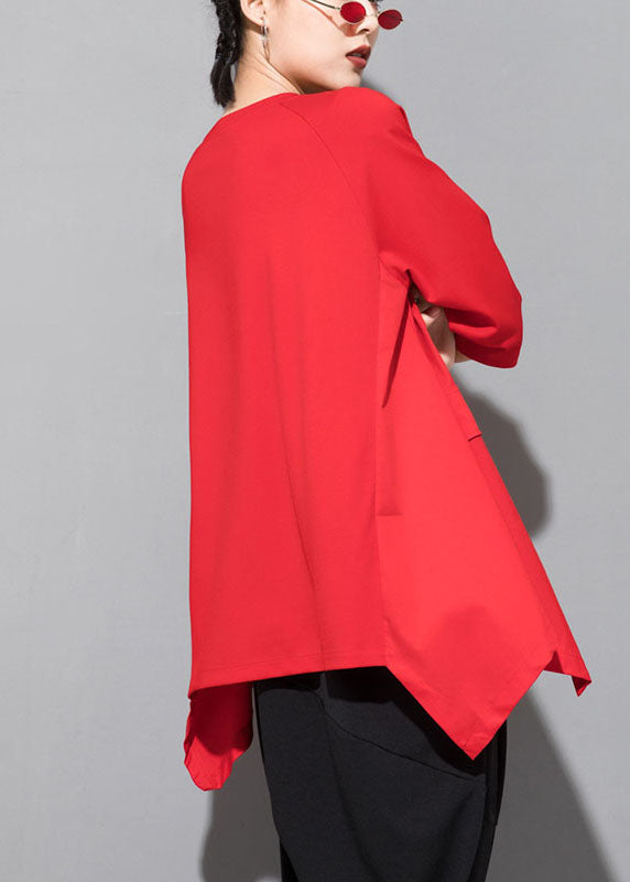Fitted Red O-neck Patchwork Asymmetrical Design Fall Half Sleeve Top