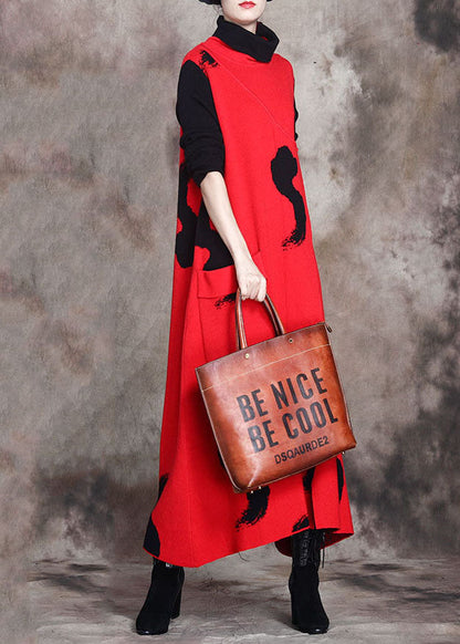 Fitted Red Patchwork Asymmetrical Design Knit Fall Long Sleeve Holiday Dress