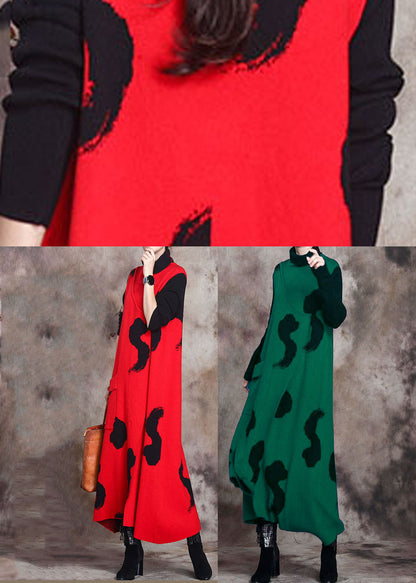 Fitted Red Patchwork Asymmetrical Design Knit Fall Long Sleeve Holiday Dress