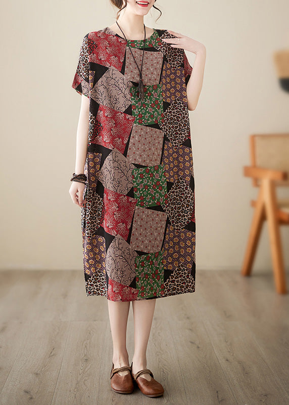 Fitted Red Plaid O-neck Print Party Maxi Dress Short Sleeve