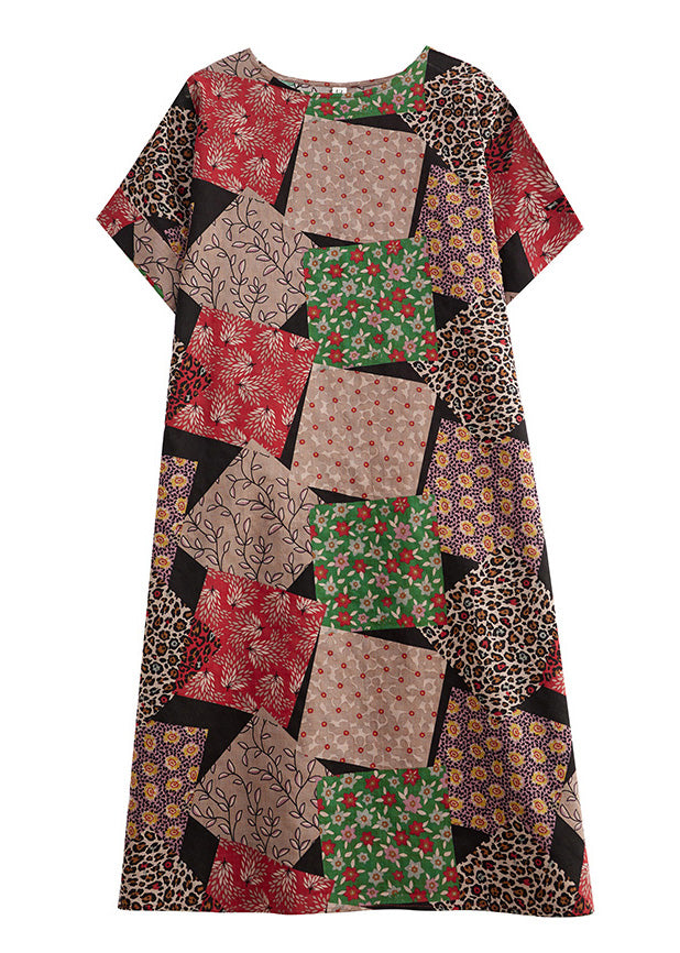 Fitted Red Plaid O-neck Print Party Maxi Dress Short Sleeve