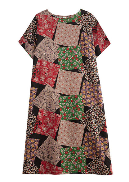 Fitted Red Plaid O-neck Print Party Maxi Dress Short Sleeve