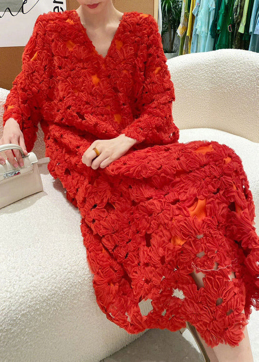 Fitted Red V Neck Hollow Out Dress Long Sleeve