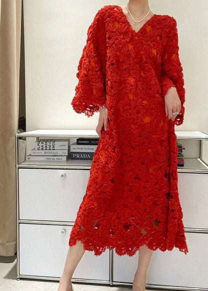 Fitted Red V Neck Hollow Out Dress Long Sleeve