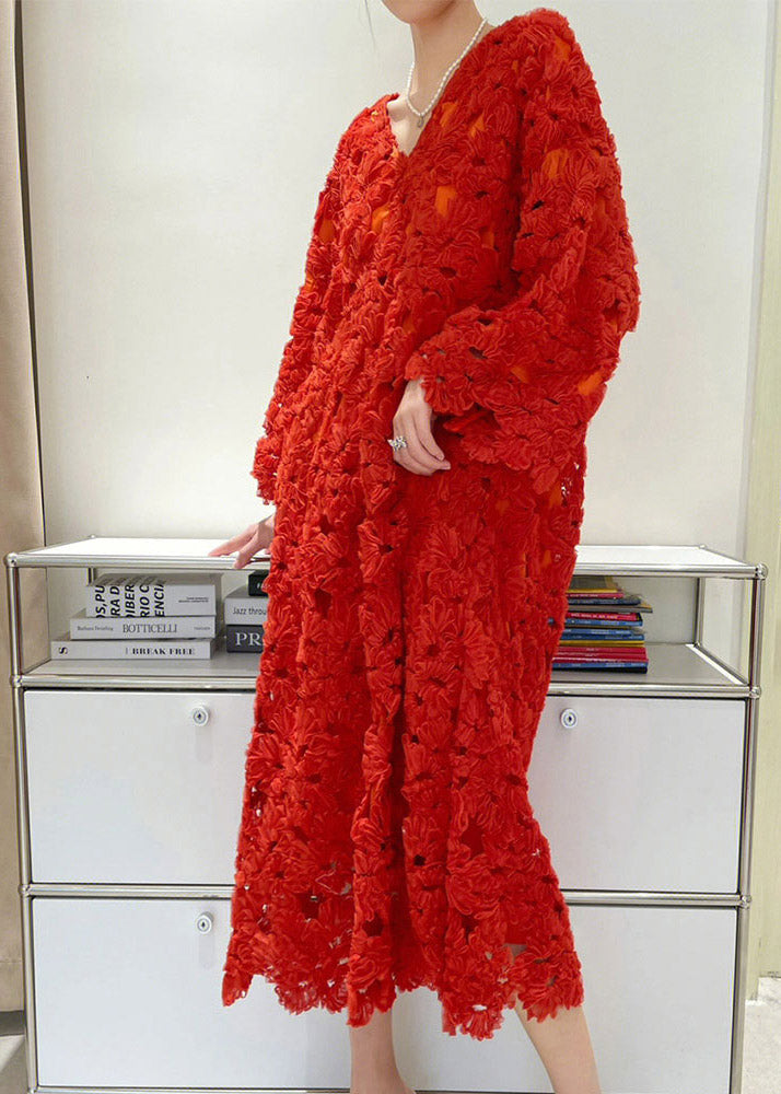 Fitted Red V Neck Hollow Out Dress Long Sleeve