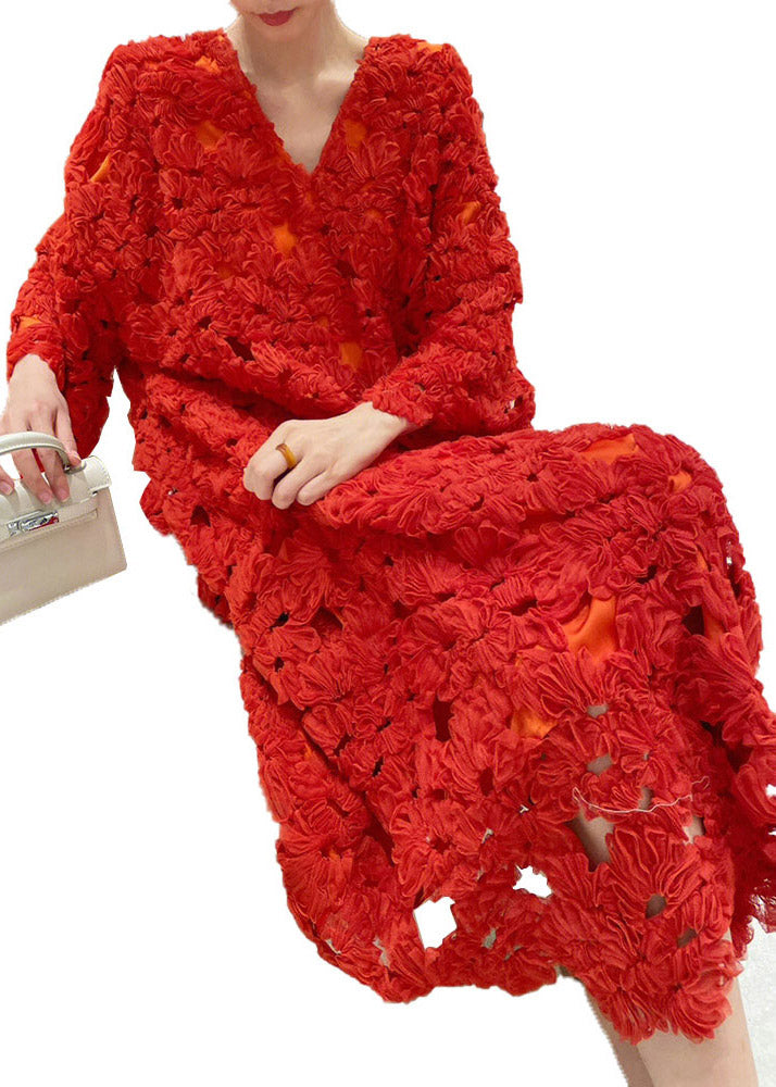 Fitted Red V Neck Hollow Out Dress Long Sleeve