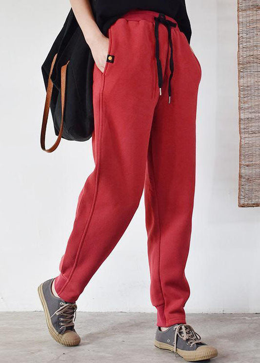Fitted Red Elastic Waist Cinched Warm Fleece Pants Winter