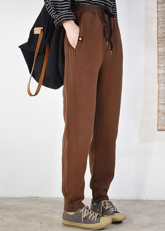 Fitted Red Elastic Waist Cinched Warm Fleece Pants Winter