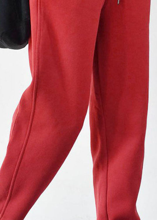 Fitted Red Elastic Waist Cinched Warm Fleece Pants Winter